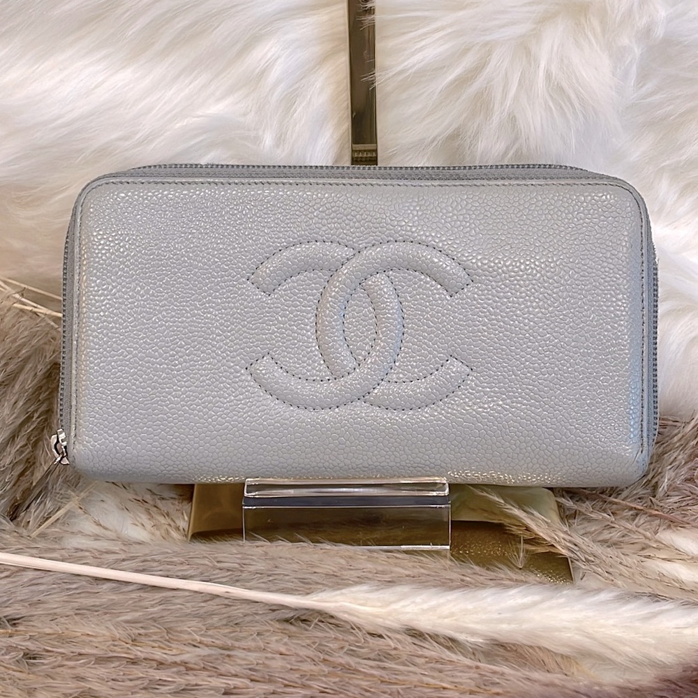 EUC! CHANEL - Blue Caviar Leather CC Timeless Zip Around Organizer Wallet